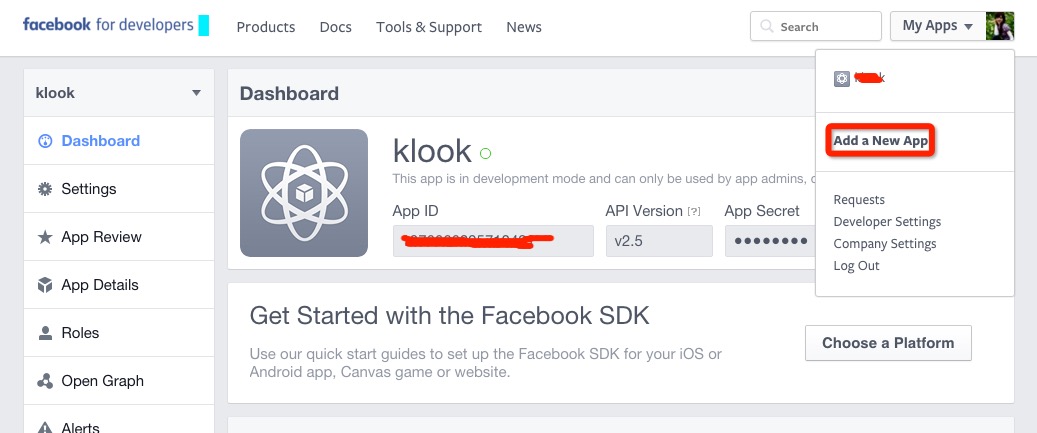 Add a new app for developer of facebook